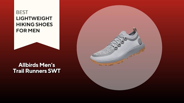 grey allbirds trail runners swt on red background